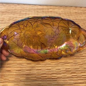 Vintage Amber Sunflower Carnival Glass Pickle Relish Dish